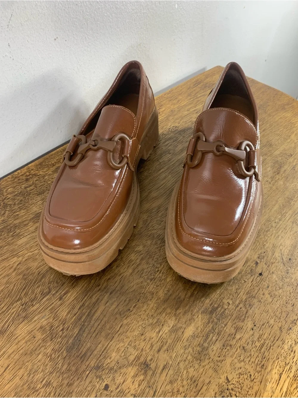 L’intervalle womens brown patent leather chunky platform horsebit loafers - Picture 2 of 8